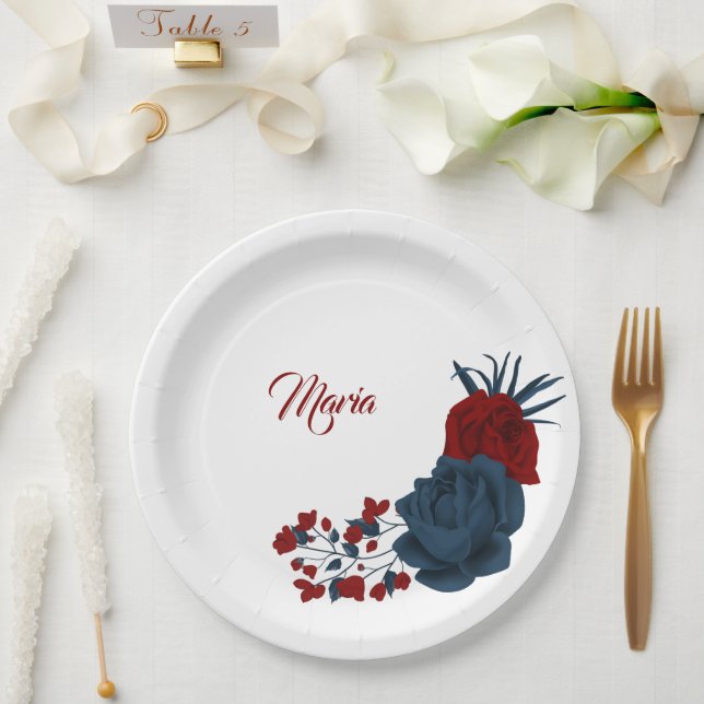 Beautiful red & navy flowers paper plate (Wedding)
