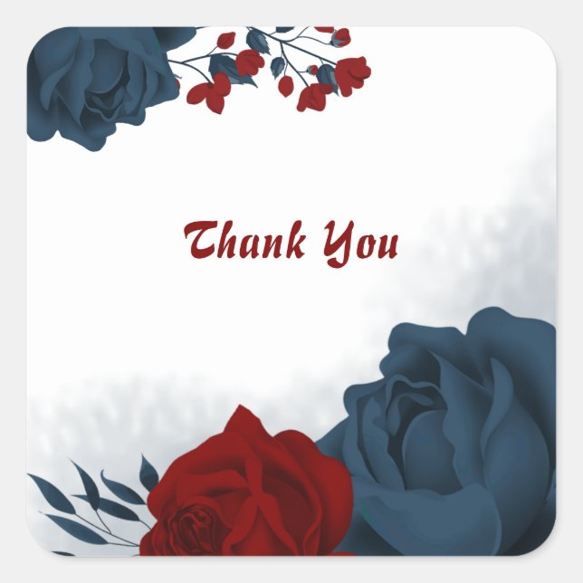 Beautiful red & navy flowers square sticker (Front)