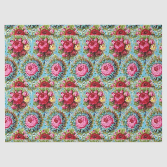 BEAUTIFUL RED PINK YELLOW ROSES IN BLUE TISSUE PAPER (Front)