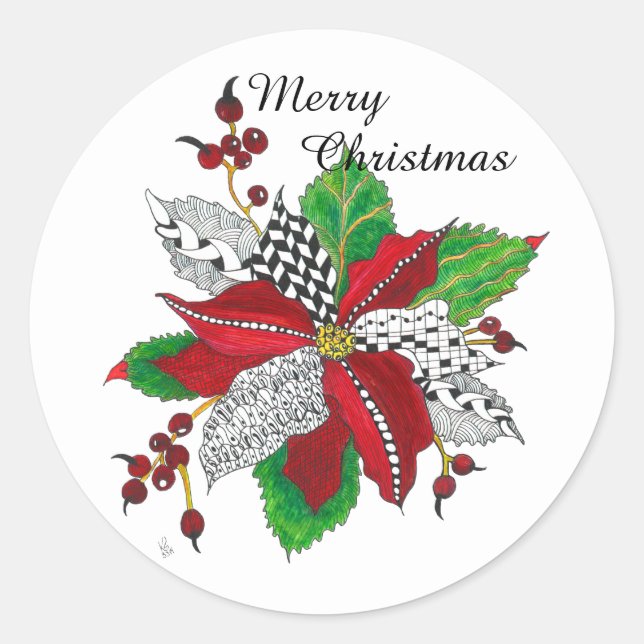 Beautiful Red Poinsettia Merry Christmas   Classic Round Sticker (Front)