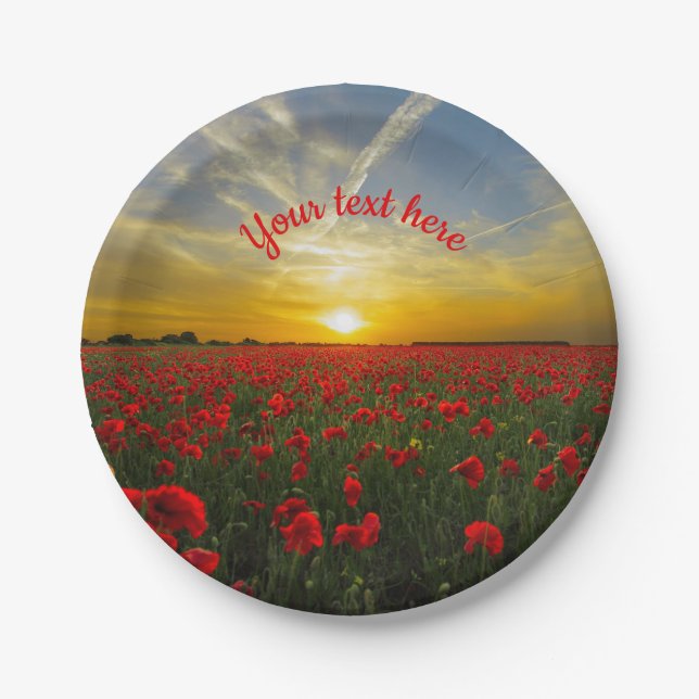 Beautiful Red Poppy Field At Sunrise Photograph Paper Plate (Front)