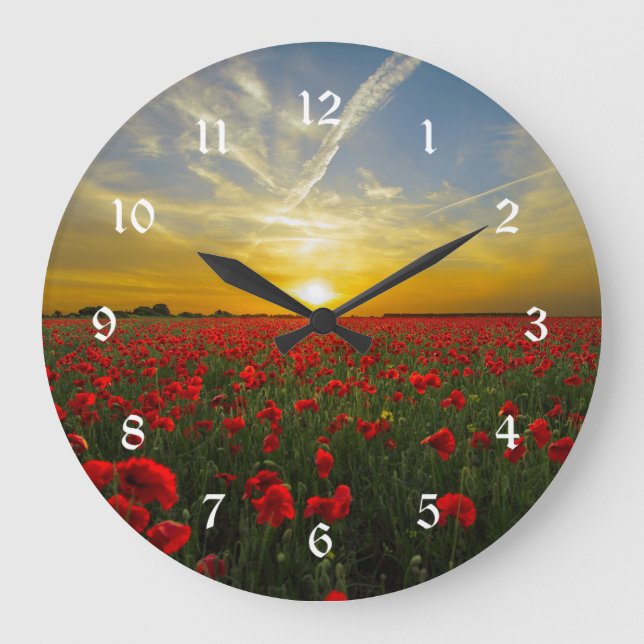 Beautiful Red Poppy Field Sunset Photography Large Clock (Front)