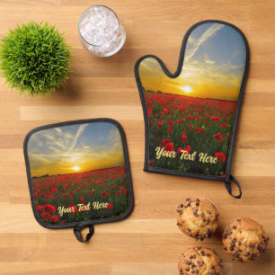 Beautiful Red Poppy Field Sunset Photography Oven Mitt & Pot Holder Set