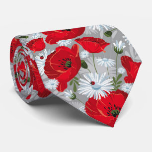 Beautiful red poppy, white daisies and ladybug tie