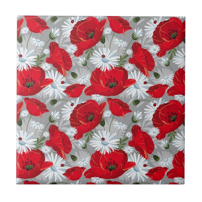Beautiful red poppy, white daisies and ladybug tile (Front)