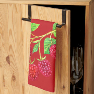 Beautiful Red Raspberries On Stems Green Leaves Kitchen Towel