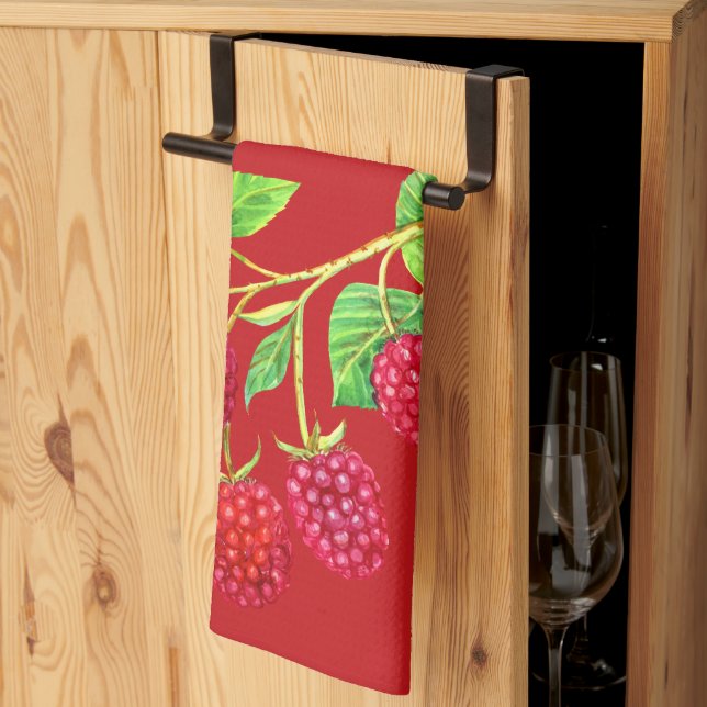 Beautiful Red Raspberries On Stems Green Leaves Kitchen Towel (Thirds Fold)