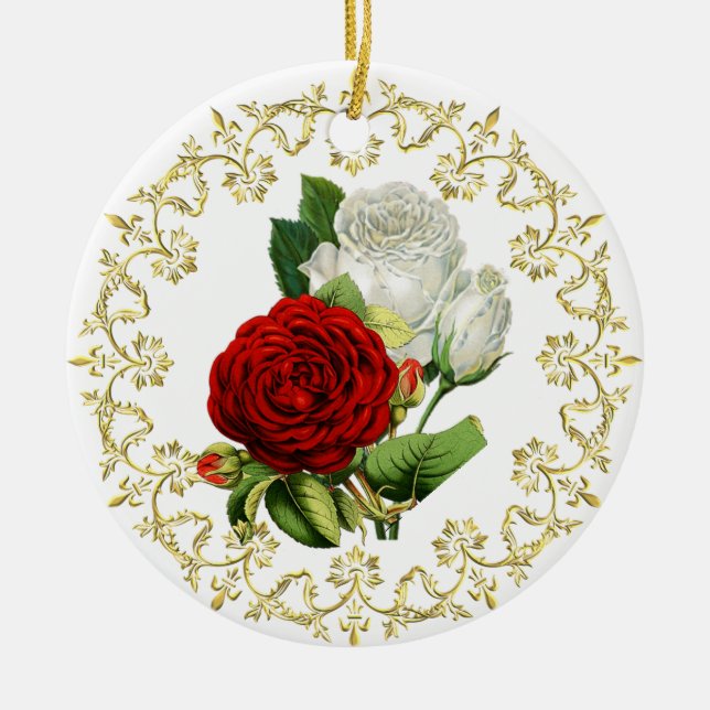 Beautiful Red Rose / First Christmas Together Ceramic Ornament (Front)