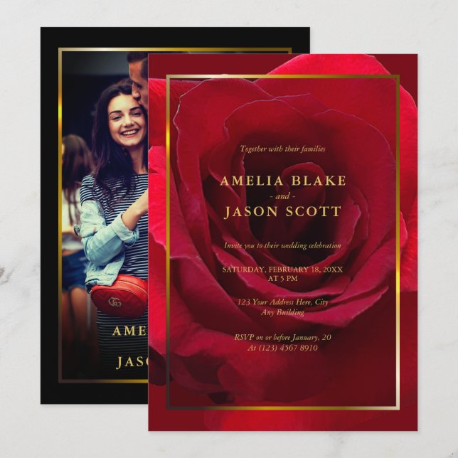 Beautiful Red Rose Gold Frame with Photo Wedding Invitation (Front/Back)