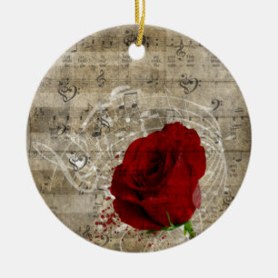 Beautiful red rose music notes swirl faded piano ceramic ornament