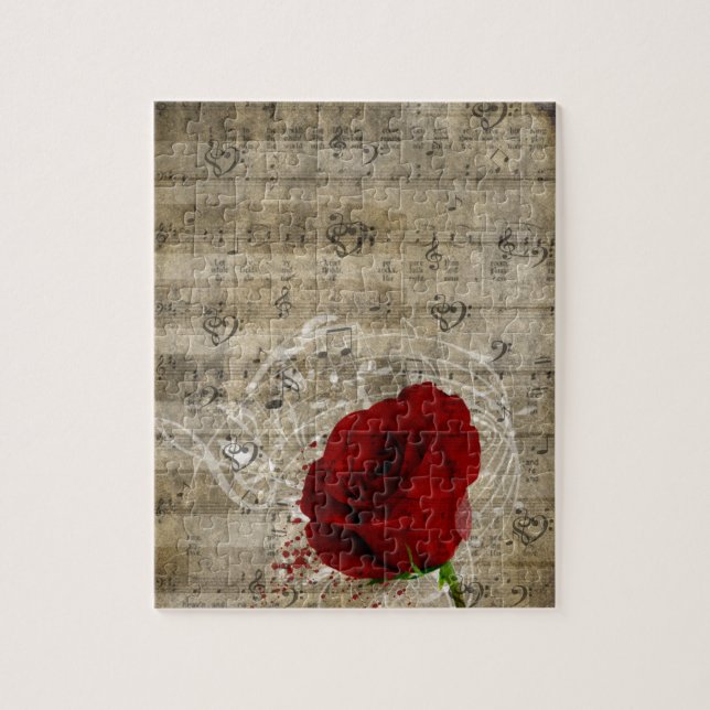 Beautiful red rose music notes swirl faded piano jigsaw puzzle (Vertical)