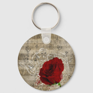 Beautiful red rose music notes swirl faded piano keychain