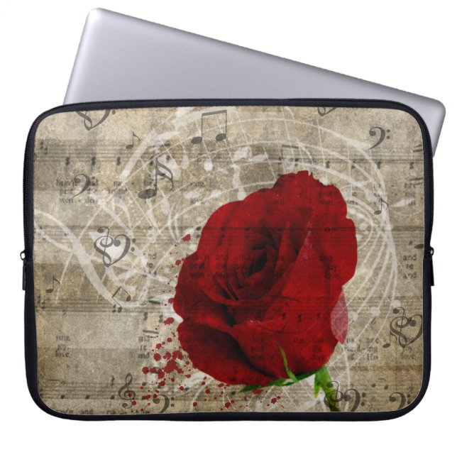 Beautiful red rose music notes swirl faded piano laptop sleeve (Front)