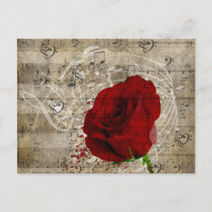 Beautiful red rose music notes swirl faded piano postcard