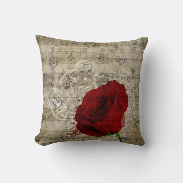 Beautiful red rose music notes swirl faded piano throw pillow (Front)