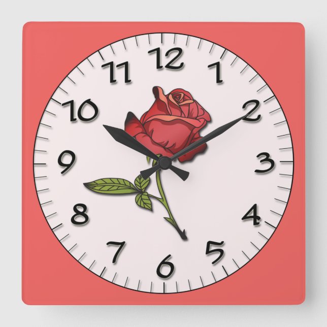 Beautiful Red Rose Sketch Square Wall Clock (Front)
