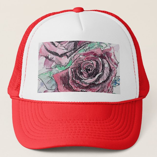 Beautiful Red Rose Watercolor Painting Trucker Hat (Front)