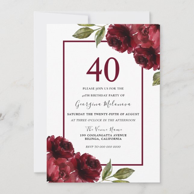 Beautiful Red Roses Elegant 40th Birthday Party Invitation (Front)