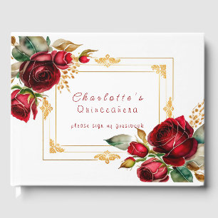 Beautiful Red Roses Gold Filigree Quinceañera Guest Book