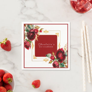 Beautiful Red Roses Gold Filigree Quinceañera Napkin