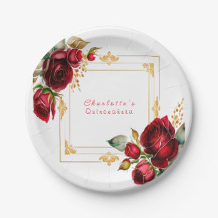 Beautiful Red Roses Gold Filigree Quinceañera Paper Plate