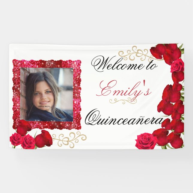 Beautiful, Red Roses, Gold Glitter Sparkle Photo Banner (Horizontal)