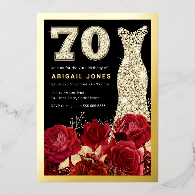 Beautiful Red Roses Gold Gown 70th Birthday Party (Front)
