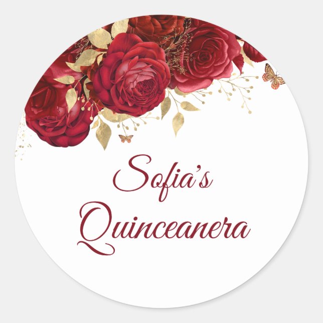 Beautiful Red Roses Quinceanera Party favour Classic Round Sticker (Front)