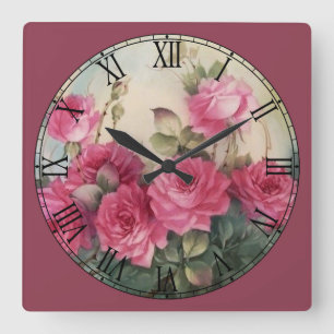 Beautiful Red Roses Roman Numeral Square Wall Clock