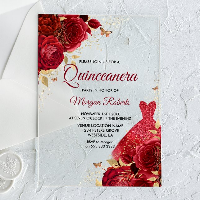 Beautiful Red Roses Sparkle Dress Quinceanera Acrylic Invitations (Creator Uploaded)