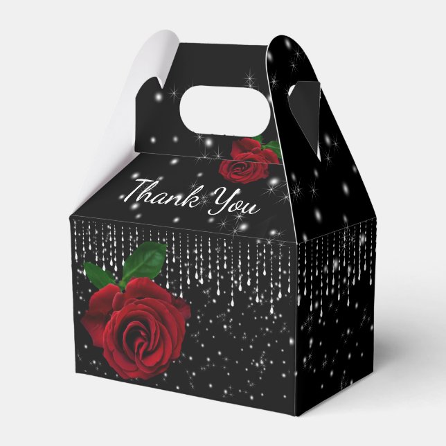 Beautiful Red Roses Sparkle Strings Thank You, Favor Box (Front Side)