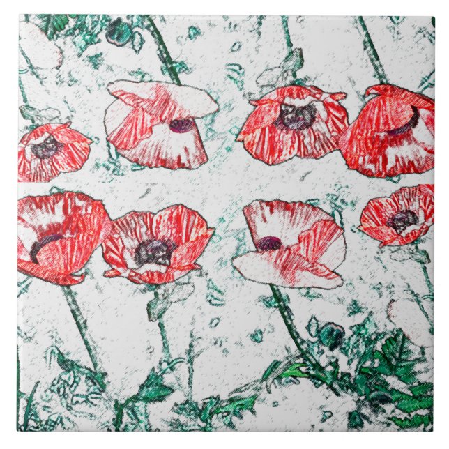 Beautiful Red Three Poppy Flowers Sketch Tile (Front)