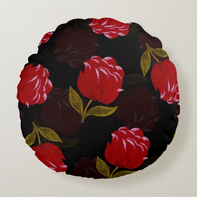 Beautiful Red translucent roses embroidery pattern Round Pillow (Front)