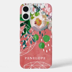 Beautiful Red Vibrant Floral Geometric with Name iPhone 16 Plus Case