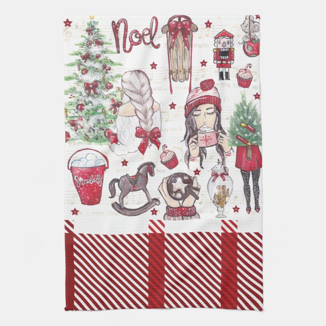 Beautiful Red Watercolor Christmas Kitchen Towel (Vertical)