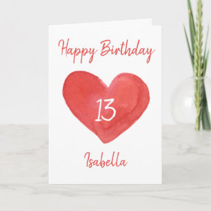 Beautiful Red Watercolor Heart 13th Birthday Card