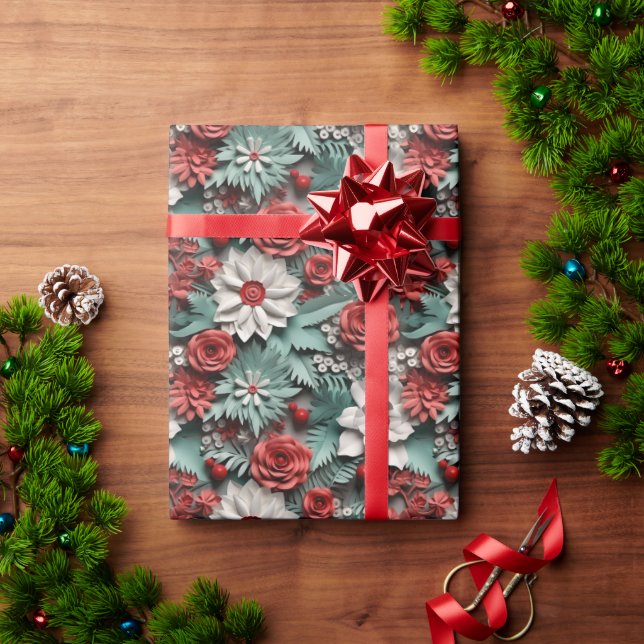 Beautiful Red White and Green 3D Poinsettias Wrapping Paper (Holiday Gift)
