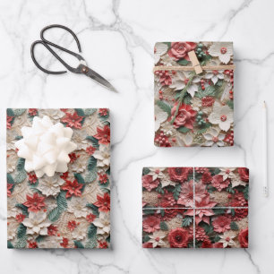 Beautiful Red White and Green Poinsettia Wrapping Paper Sheet