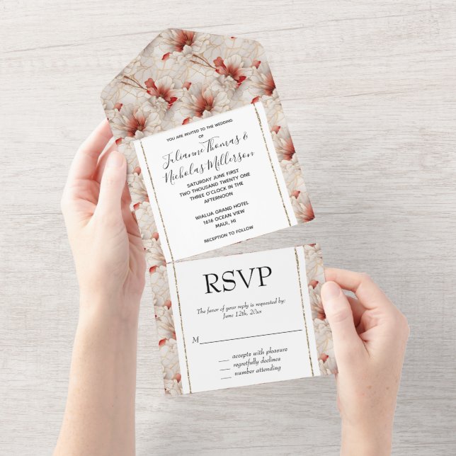 Beautiful Red White Floral All In One Invitation (Tearaway)