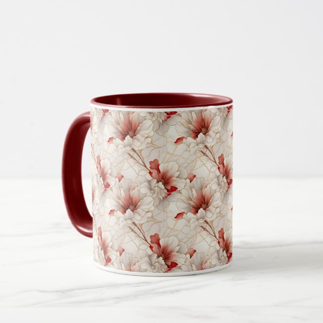 Beautiful Red White Floral Mug (Front Left)