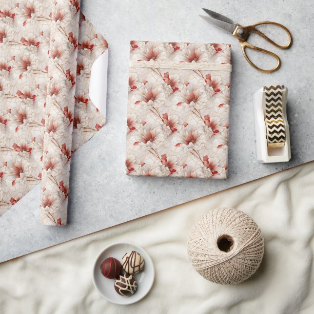 Beautiful Red White Floral Wrapping Paper (Crafts)