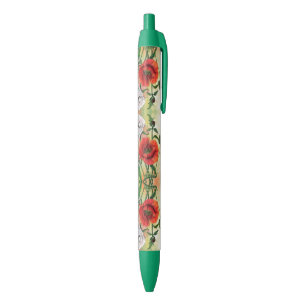 Beautiful Red White Poppies - Migned Painting Art Blue Ink Pen