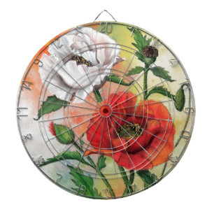 Beautiful Red White Poppies - Migned Painting Art Dartboard
