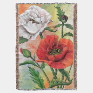 Beautiful Red White Poppies - Migned Painting Art  Throw Blanket