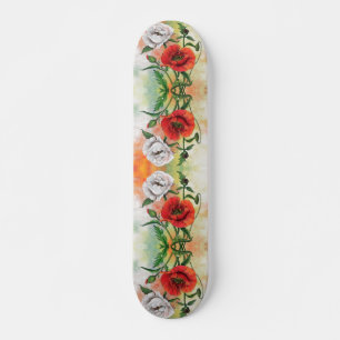 Beautiful Red White Poppies - Migned Painting Skateboard