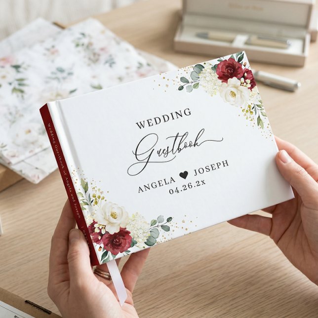 Beautiful Red White Rose Floral Wedding Guest Book (Creator Uploaded)