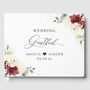Beautiful Red White Rose Floral Wedding Guest Book