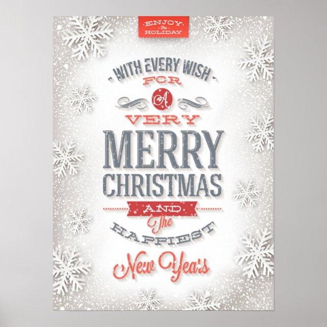 Beautiful Red & White Typography Snowflakes Poster (Front)