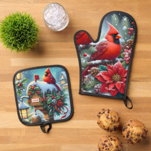 Beautiful Red Winter Cardinals Oven Mitt & Pot Holder Set