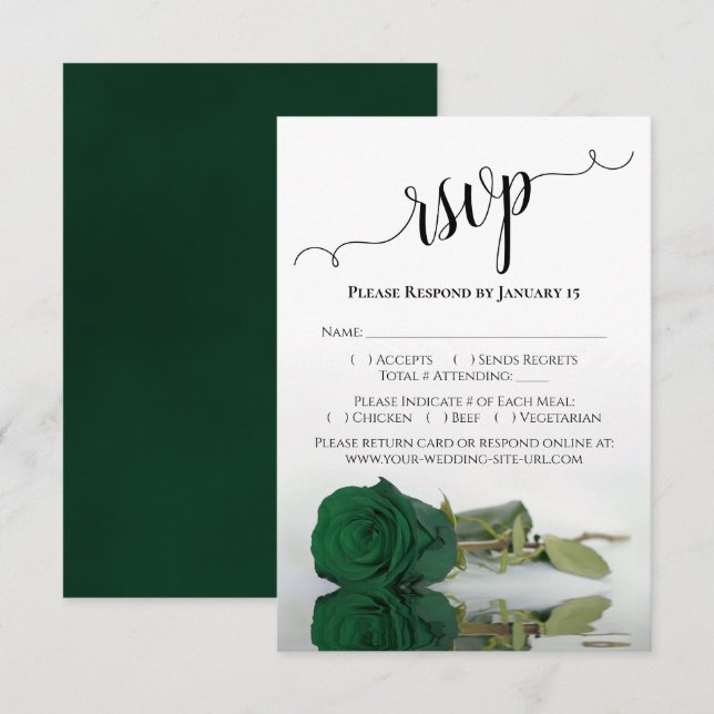 Beautiful Reflecting Emerald Green Rose Wedding RSVP Card (Front/Back)